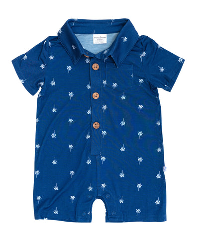 Classic Blue Palm Tree Short Sleeve Collared Henley Romper